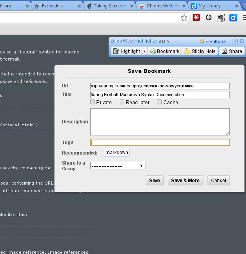 Bookmarking a site with the Diigo browser extension
